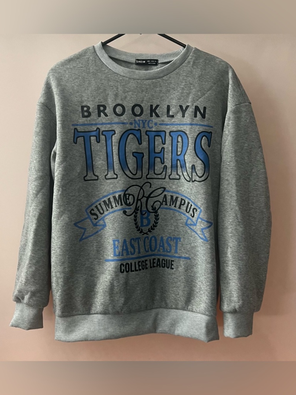 SHEIN Grey Crewneck Sweatshirt with Blue and Black Brooklyn 'Tigers' Print